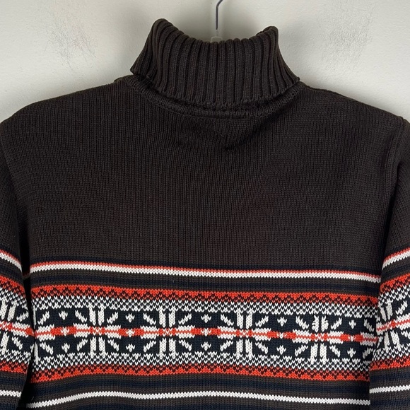 Vintage Preppy Cabincore Cotton Turtleneck Sweater Brown Navy Rust Geometric | S - Picture 4 of 9